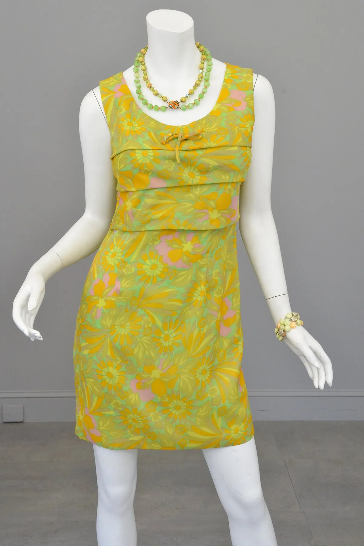 1960s 70s Neon Citrus Tiered Mini Gogo Dress Twiggy Dress