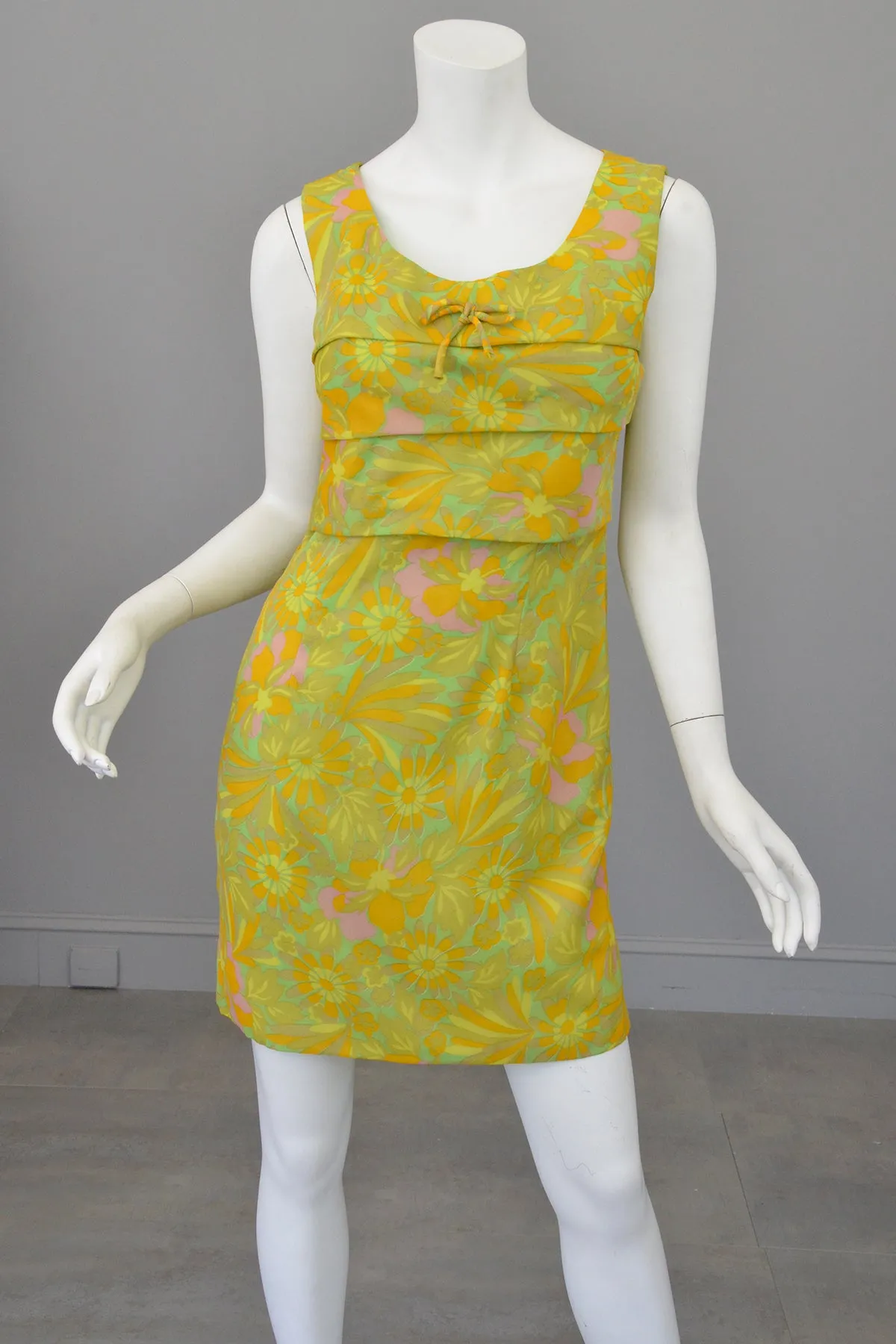 1960s 70s Neon Citrus Tiered Mini Gogo Dress Twiggy Dress