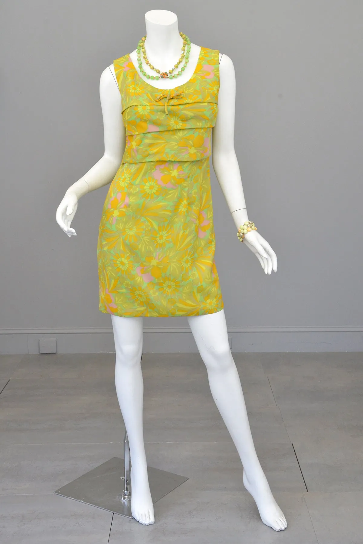 1960s 70s Neon Citrus Tiered Mini Gogo Dress Twiggy Dress