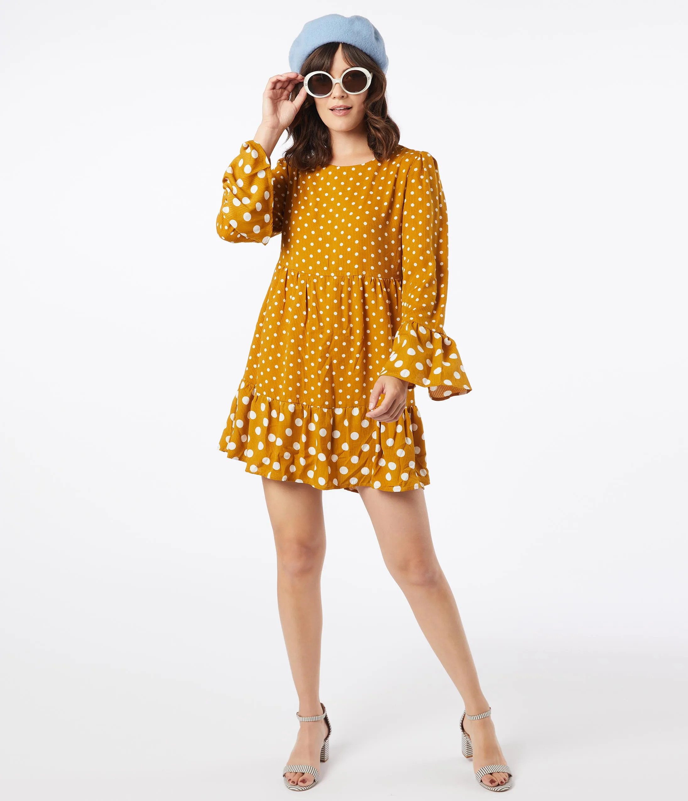 1960s Mustard & Ivory Polka Dot Babydoll Dress