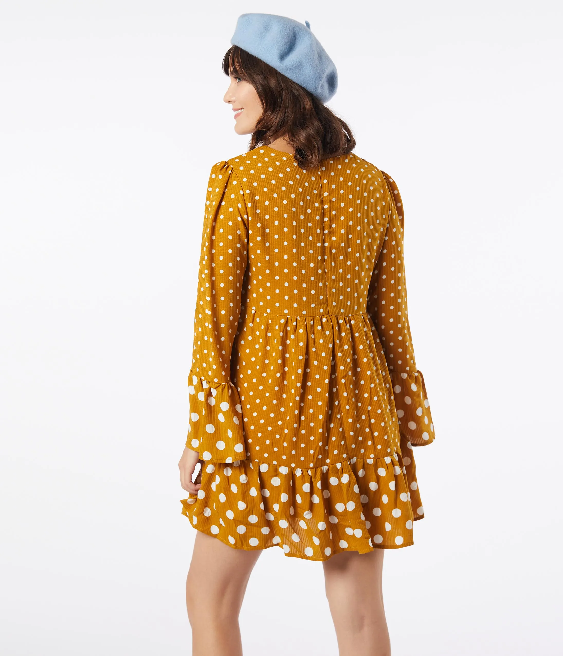 1960s Mustard & Ivory Polka Dot Babydoll Dress