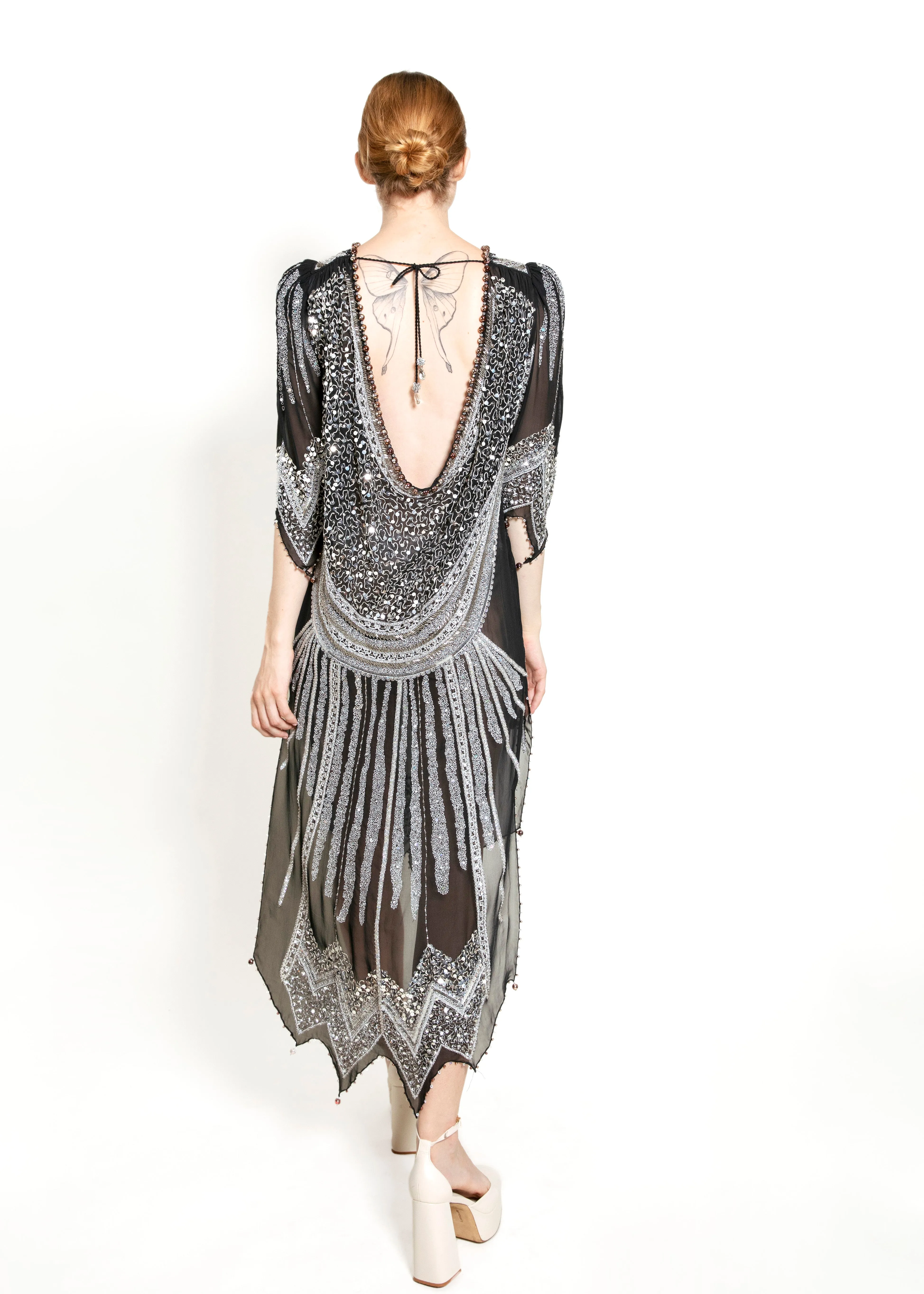 1984 Zandra Rhodes Black With Silver Sequin & Back Cowl Back Dress Magic Carpet Collection