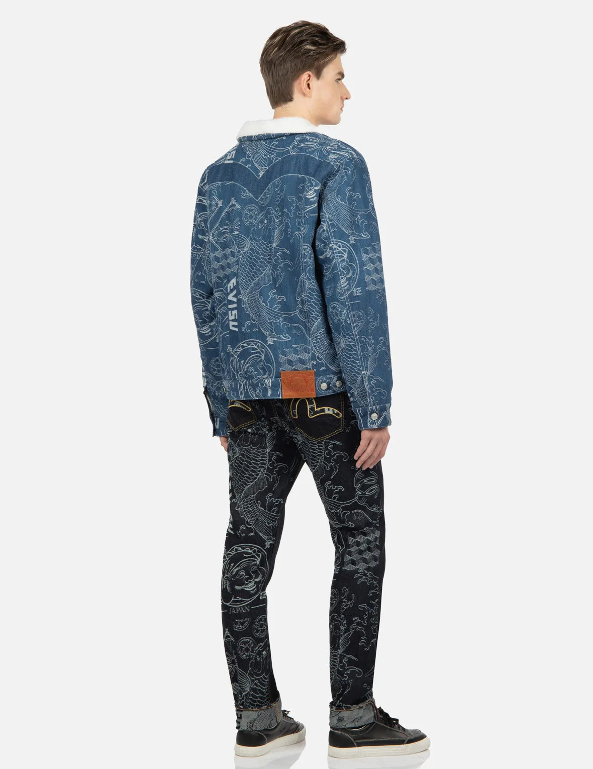 Allover Japanese Pattern Jacquard Sherpa-Lined Denim Jacket