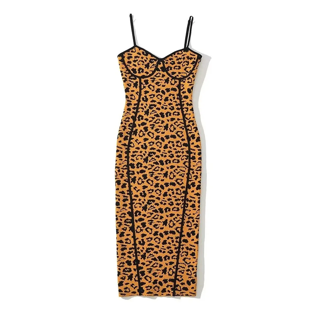 Alluring Sleeveless Bodycon Leopard Sweater Midi Dress - Leopard