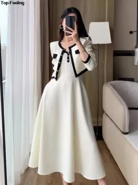 Amozae-Elegant Solid Midi Dress 2 Piece Set Office Lady Chic Suit Spring Short Jacket Sleveless A-line Dresses Outfits Korean Clothes