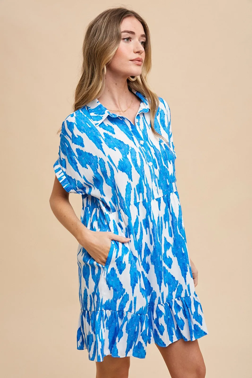 AnnieWear Abstract Print Babydoll Dress in Blue Combo