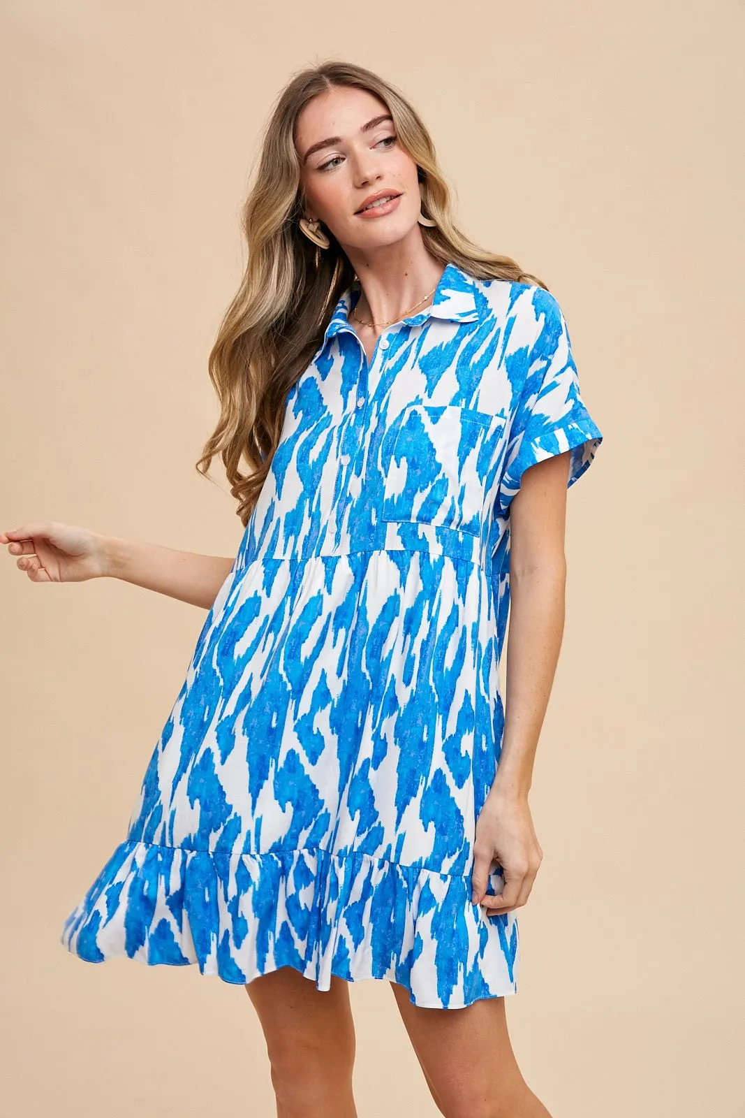 AnnieWear Abstract Print Babydoll Dress in Blue Combo