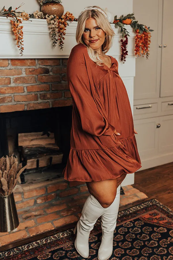 Autumn Brunch Babydoll Dress In Rust Curves