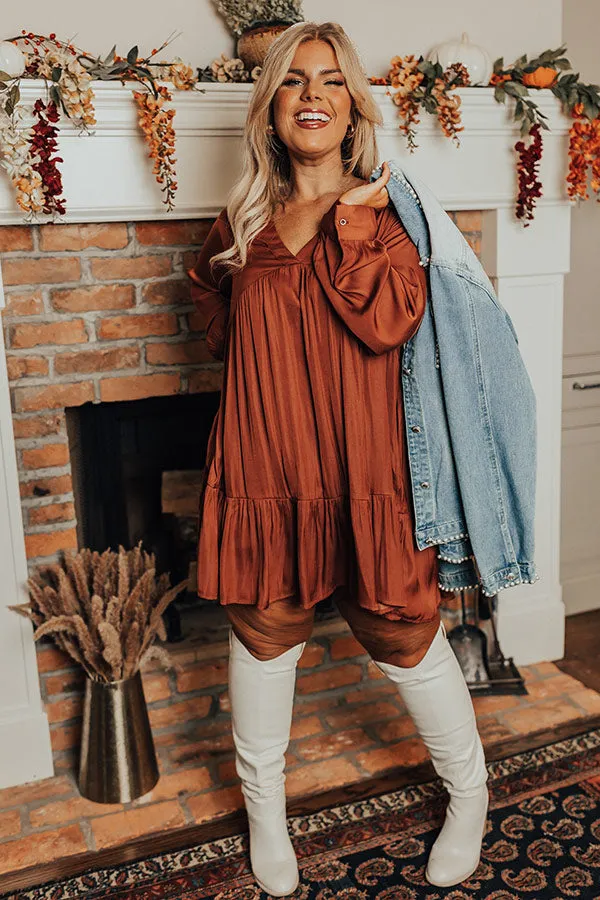 Autumn Brunch Babydoll Dress In Rust Curves