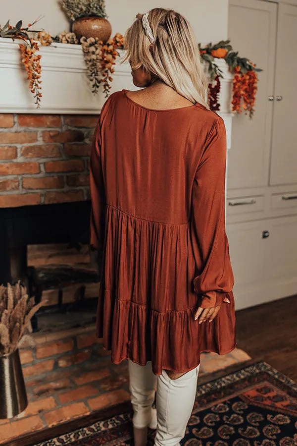 Autumn Brunch Babydoll Dress In Rust Curves