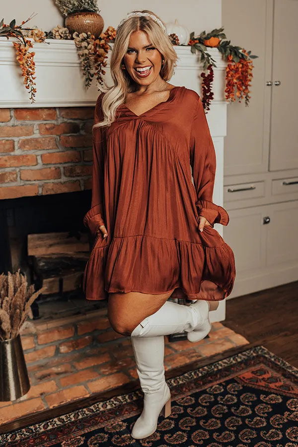 Autumn Brunch Babydoll Dress In Rust Curves