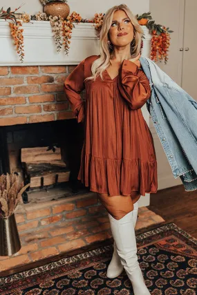 Autumn Brunch Babydoll Dress In Rust Curves