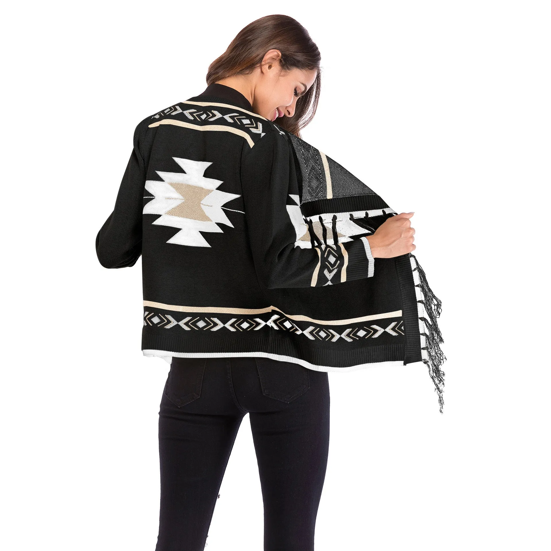 Aztec Cardigan With Fringe Black Or White Southwestern Print Warm Sweater Bohemian Kimono Wrap Available In Sizes Medium Large Or Extra Large XL