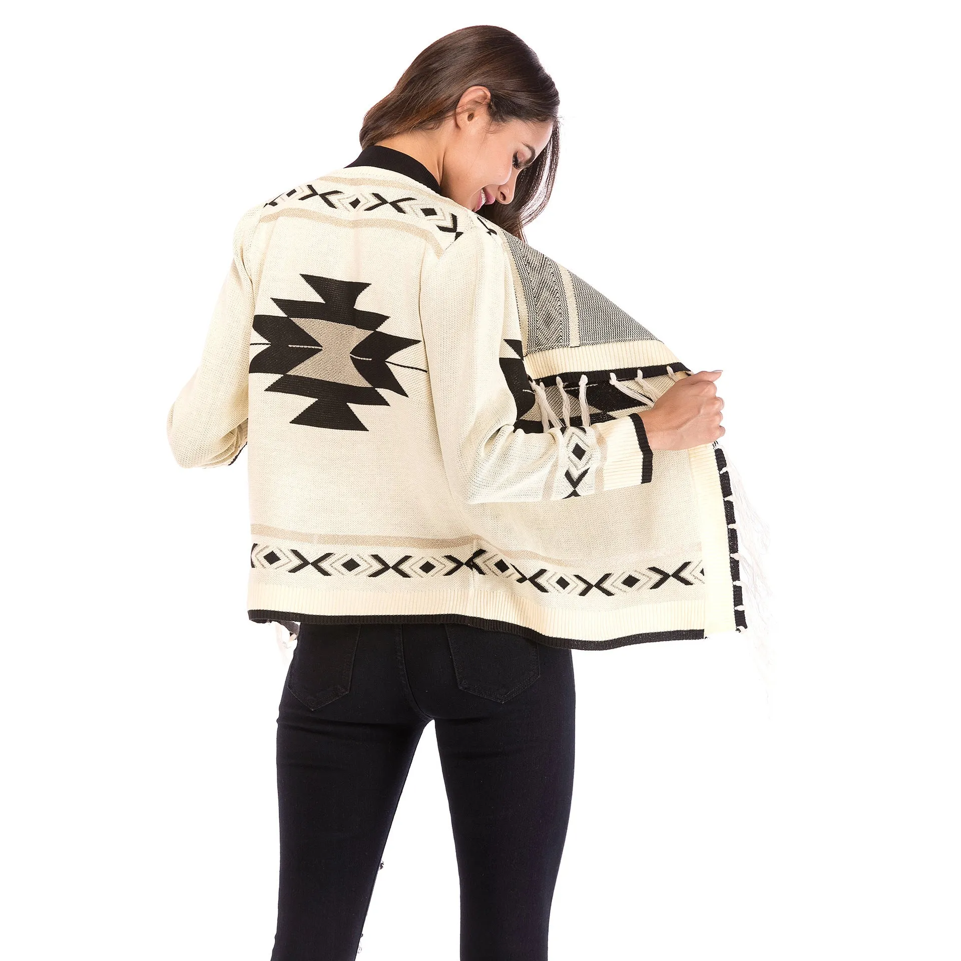 Aztec Cardigan With Fringe Black Or White Southwestern Print Warm Sweater Bohemian Kimono Wrap Available In Sizes Medium Large Or Extra Large XL