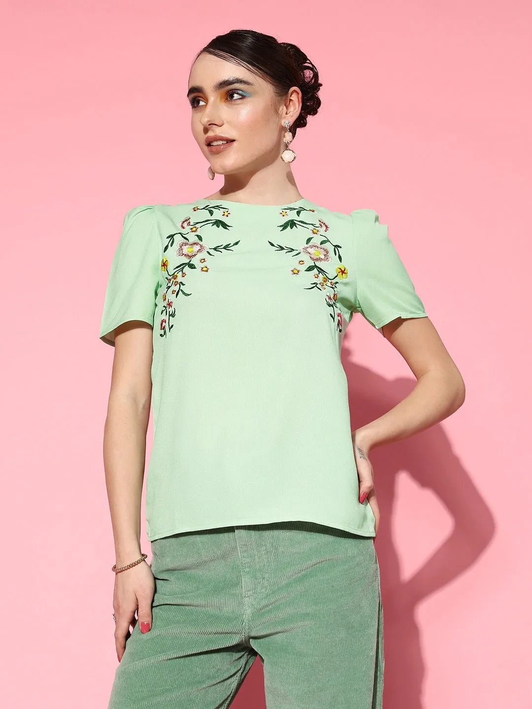 Berrylush Women Green Floral Pattern Round Neck Puff Sleeves Button-Up Crepe Embroidered Regular Top