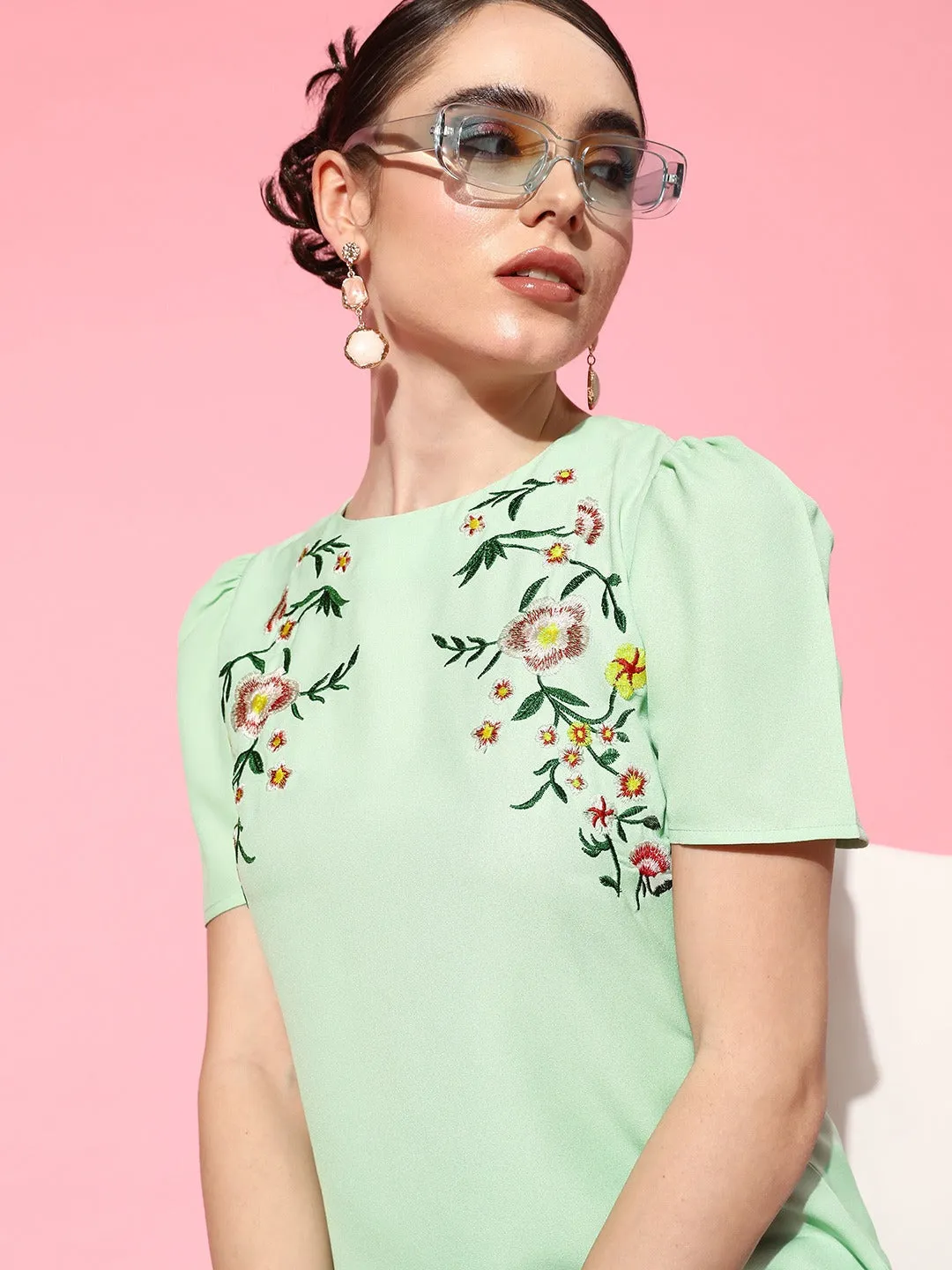 Berrylush Women Green Floral Pattern Round Neck Puff Sleeves Button-Up Crepe Embroidered Regular Top