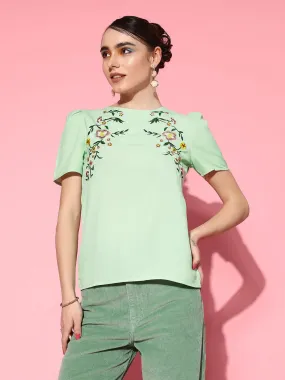 Berrylush Women Green Floral Pattern Round Neck Puff Sleeves Button-Up Crepe Embroidered Regular Top