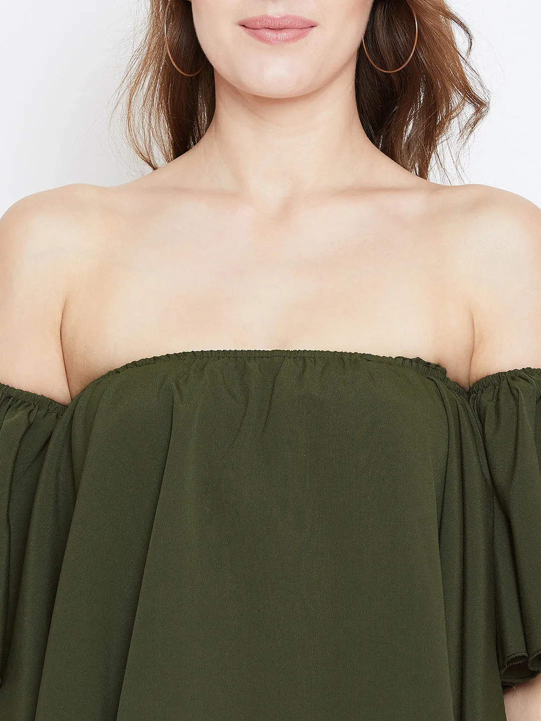 Berrylush Women Solid Olive Green Off-Shoulder Neck Ruffled Crop Bardot Top