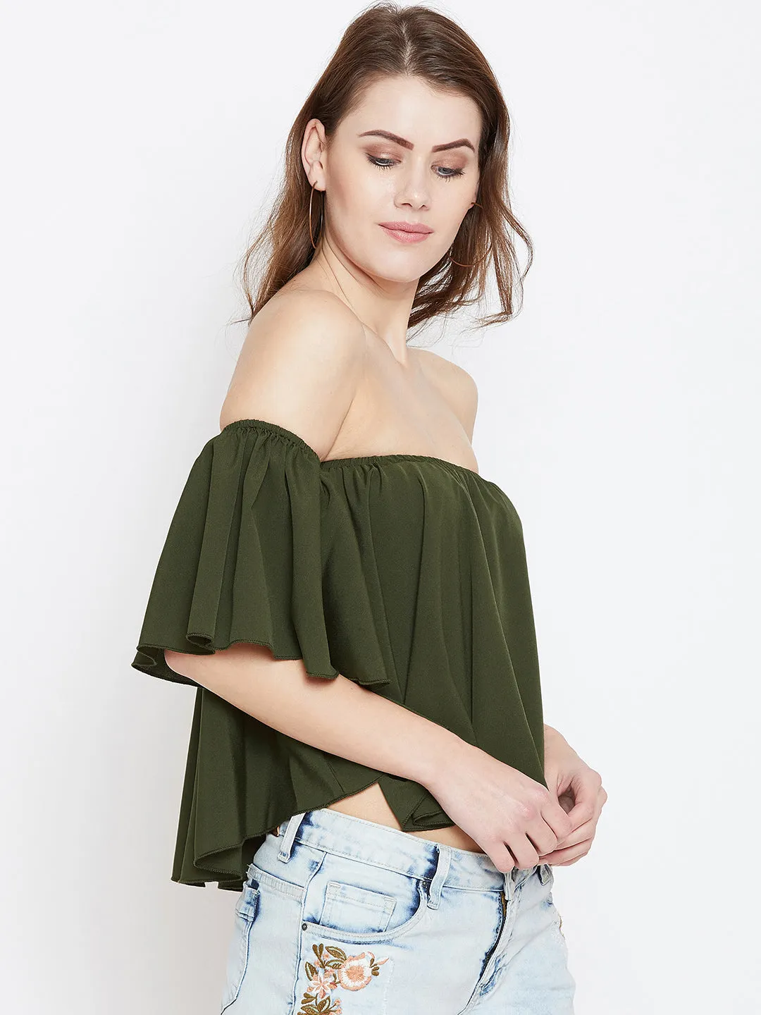 Berrylush Women Solid Olive Green Off-Shoulder Neck Ruffled Crop Bardot Top