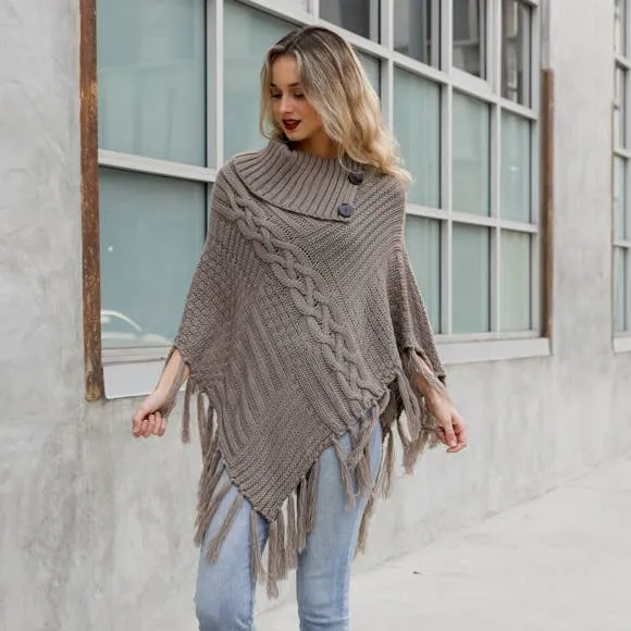 Bohemian Cable Knit Poncho With Tassels