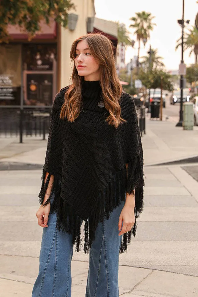 Bohemian Cable Knit Poncho With Tassels