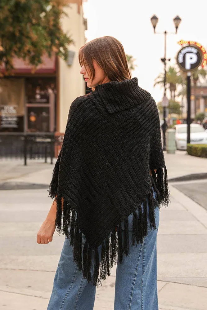 Bohemian Cable Knit Poncho With Tassels