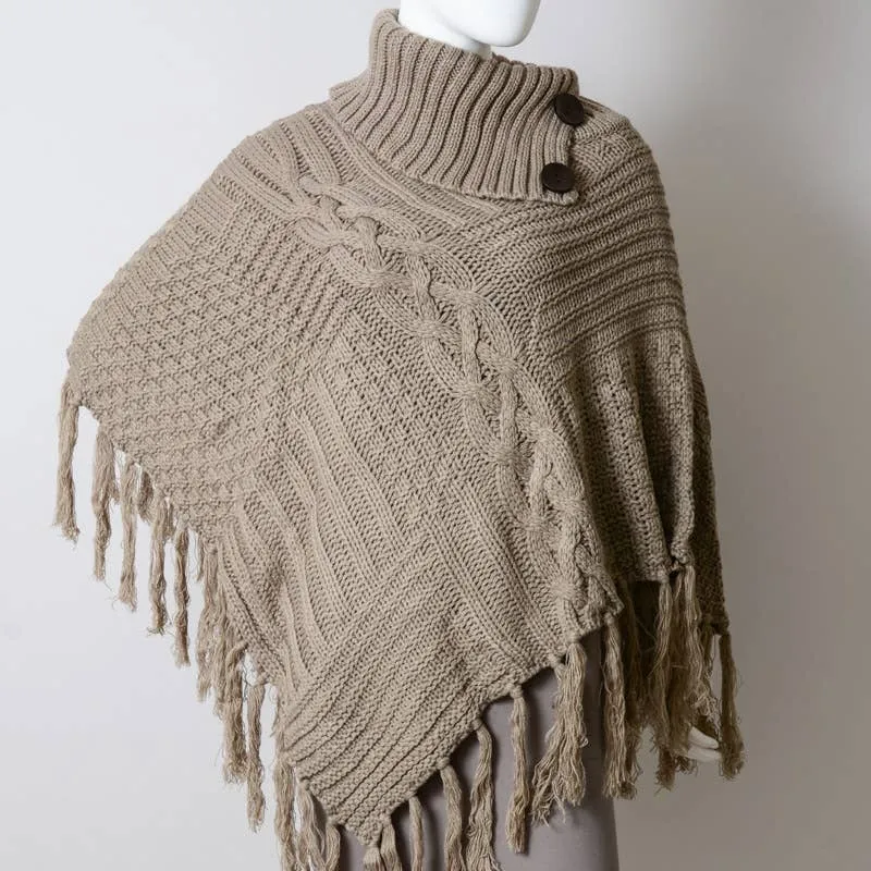 Bohemian Cable Knit Poncho With Tassels