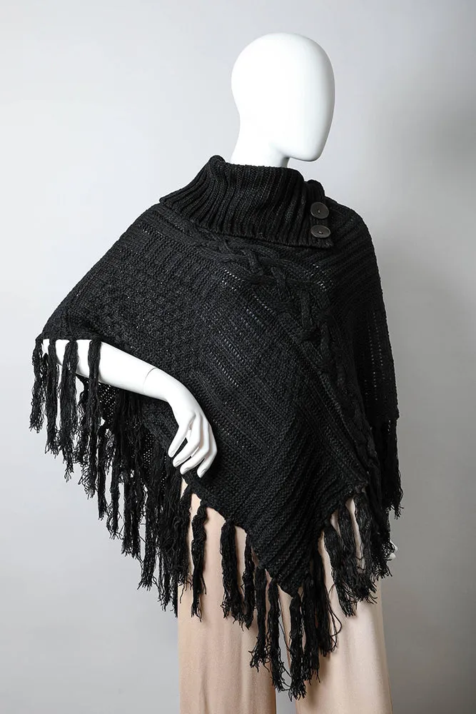 Bohemian Cable Knit Poncho With Tassels