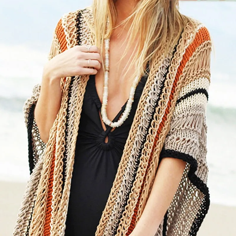 Boho Ruana Rust Beige Black Open Knit Beach Poncho With Tassels Great As A Bikini Cover Or As A Bohemian Light Sweater With Jeans And Boots One Size