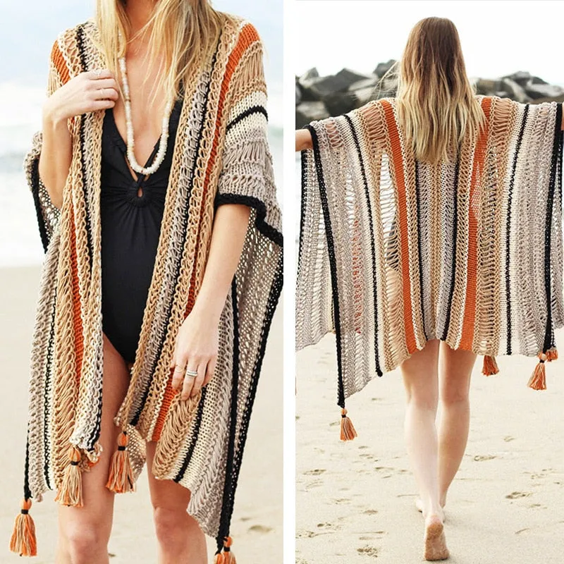 Boho Ruana Rust Beige Black Open Knit Beach Poncho With Tassels Great As A Bikini Cover Or As A Bohemian Light Sweater With Jeans And Boots One Size