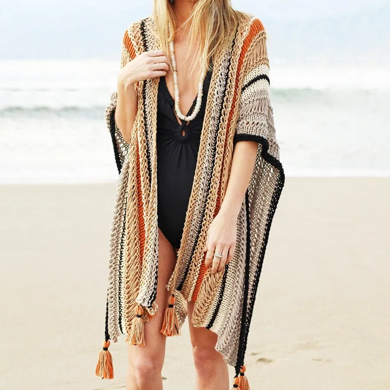 Boho Ruana Rust Beige Black Open Knit Beach Poncho With Tassels Great As A Bikini Cover Or As A Bohemian Light Sweater With Jeans And Boots One Size