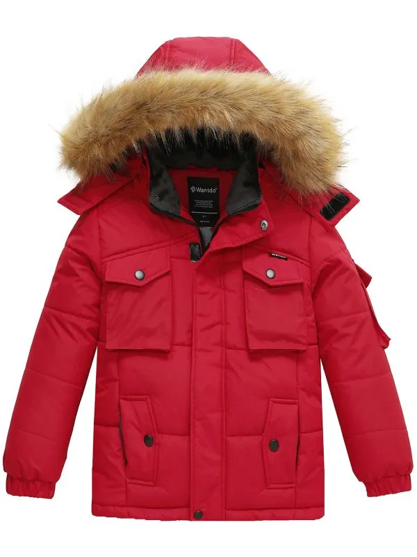 Boys Winter Parka Puffer Jacket with Removable Faux Fur Hood