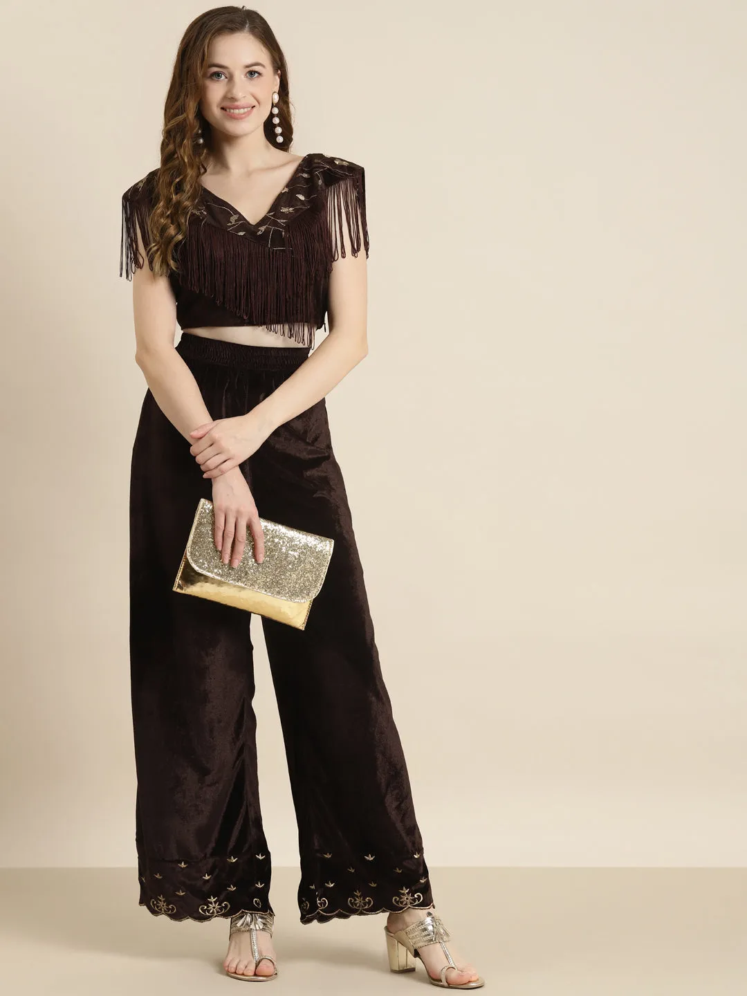 Brown Velvet Embroidered Flared Pants