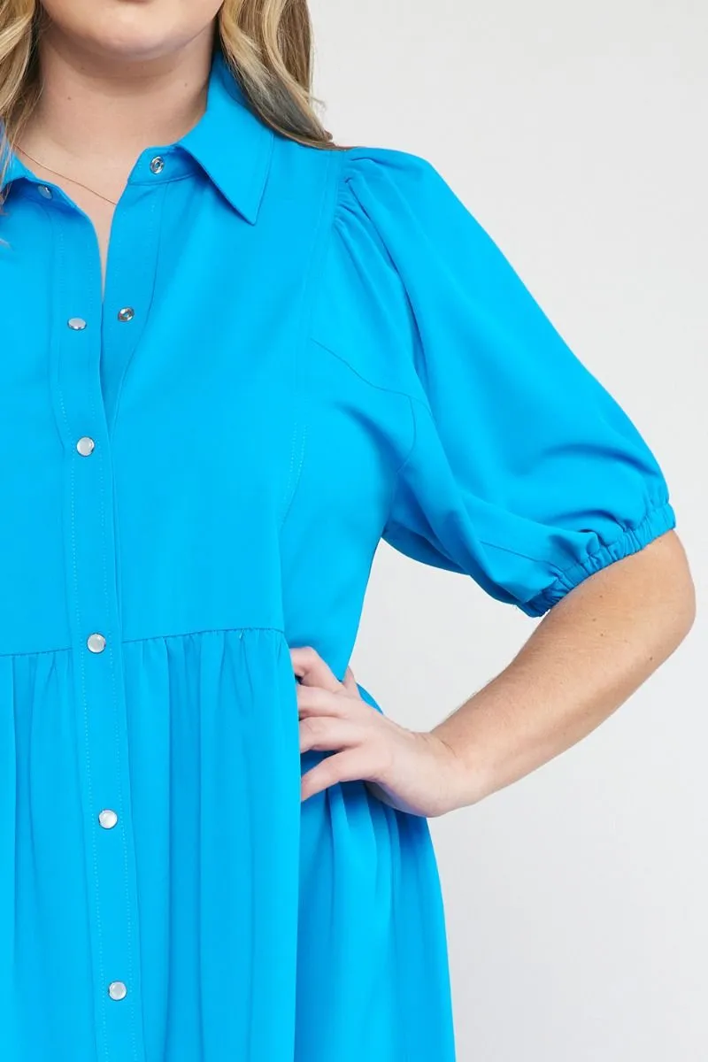 Bubble Sleeve Mini Dress, Blue