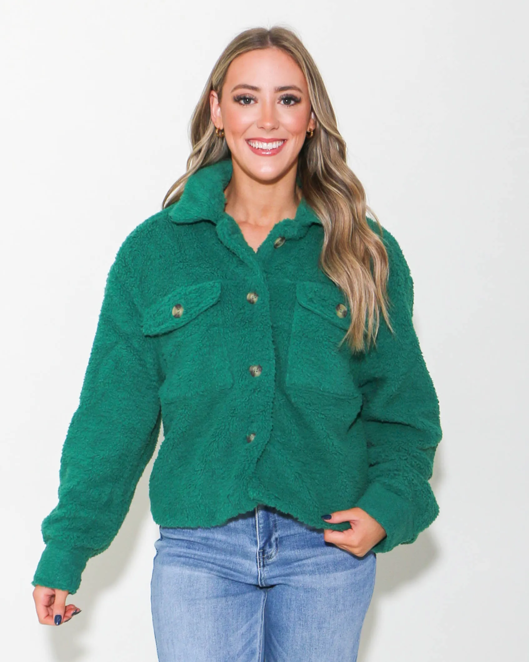 Button Up Sherpa Jacket in Green