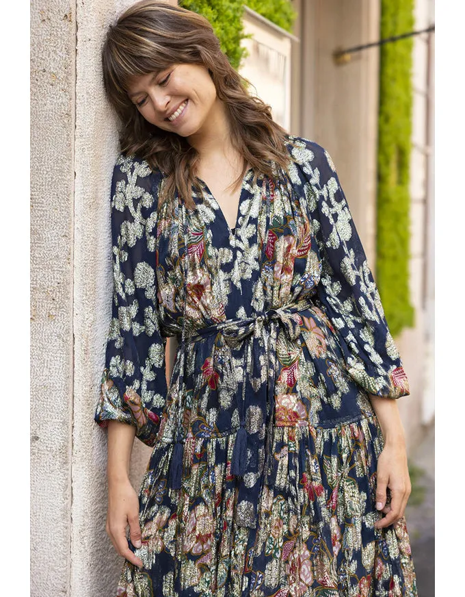 Camilla Dress Navy Floral Lurex