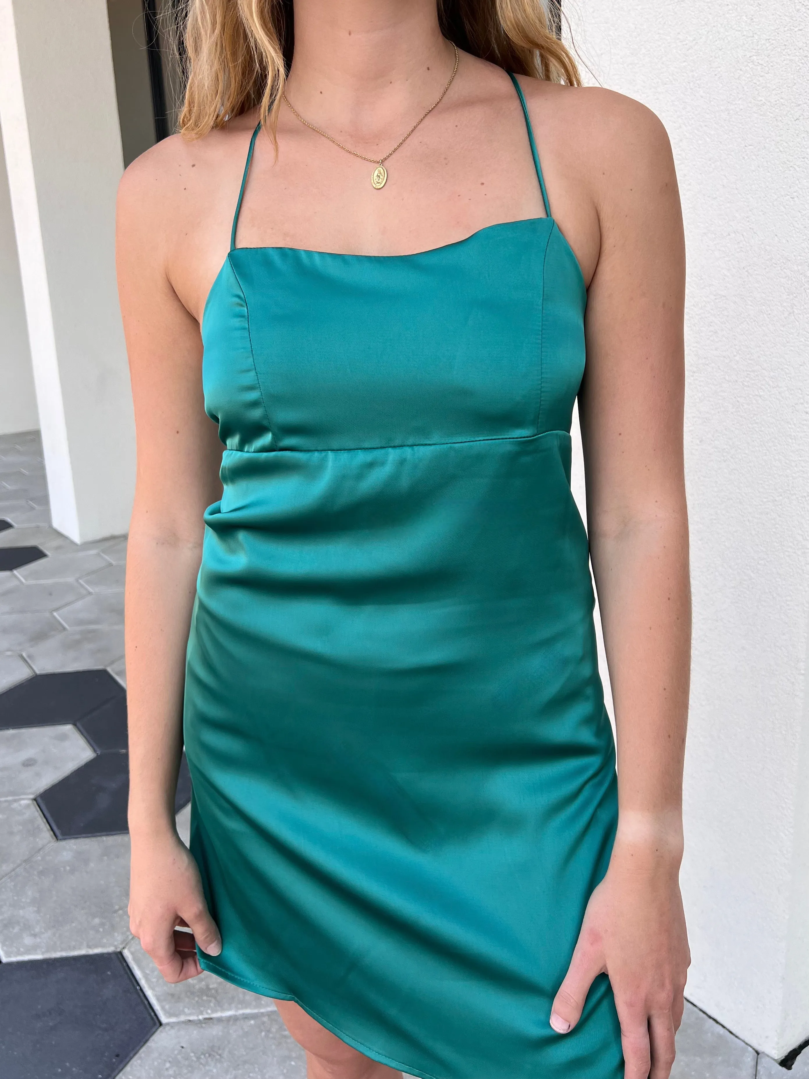 CAMILLE SATIN MINI DRESS IN EMERALD