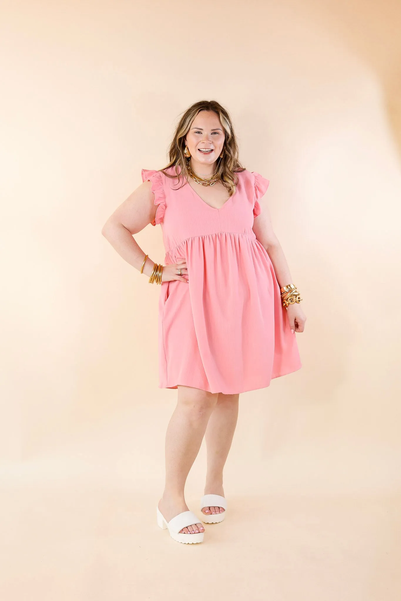 Capture Your Attention V Neck Dress with Ruffle Cap Sleeves in Bubblegum Pink