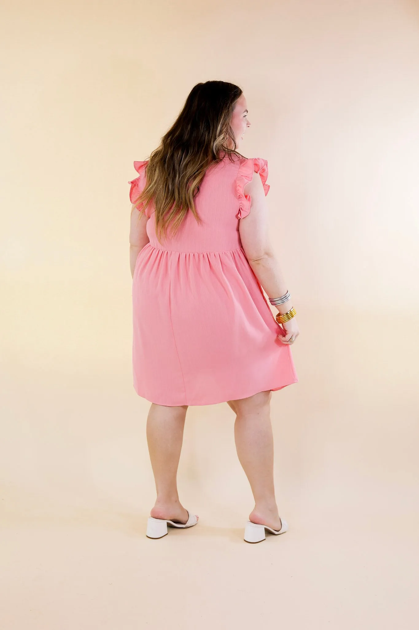 Capture Your Attention V Neck Dress with Ruffle Cap Sleeves in Bubblegum Pink