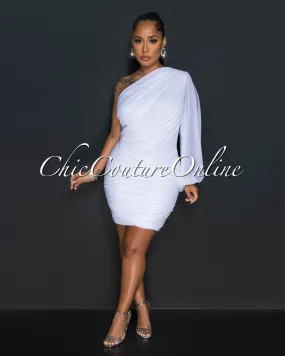 Carrey White Single Long Mesh Sleeve Draped Dress