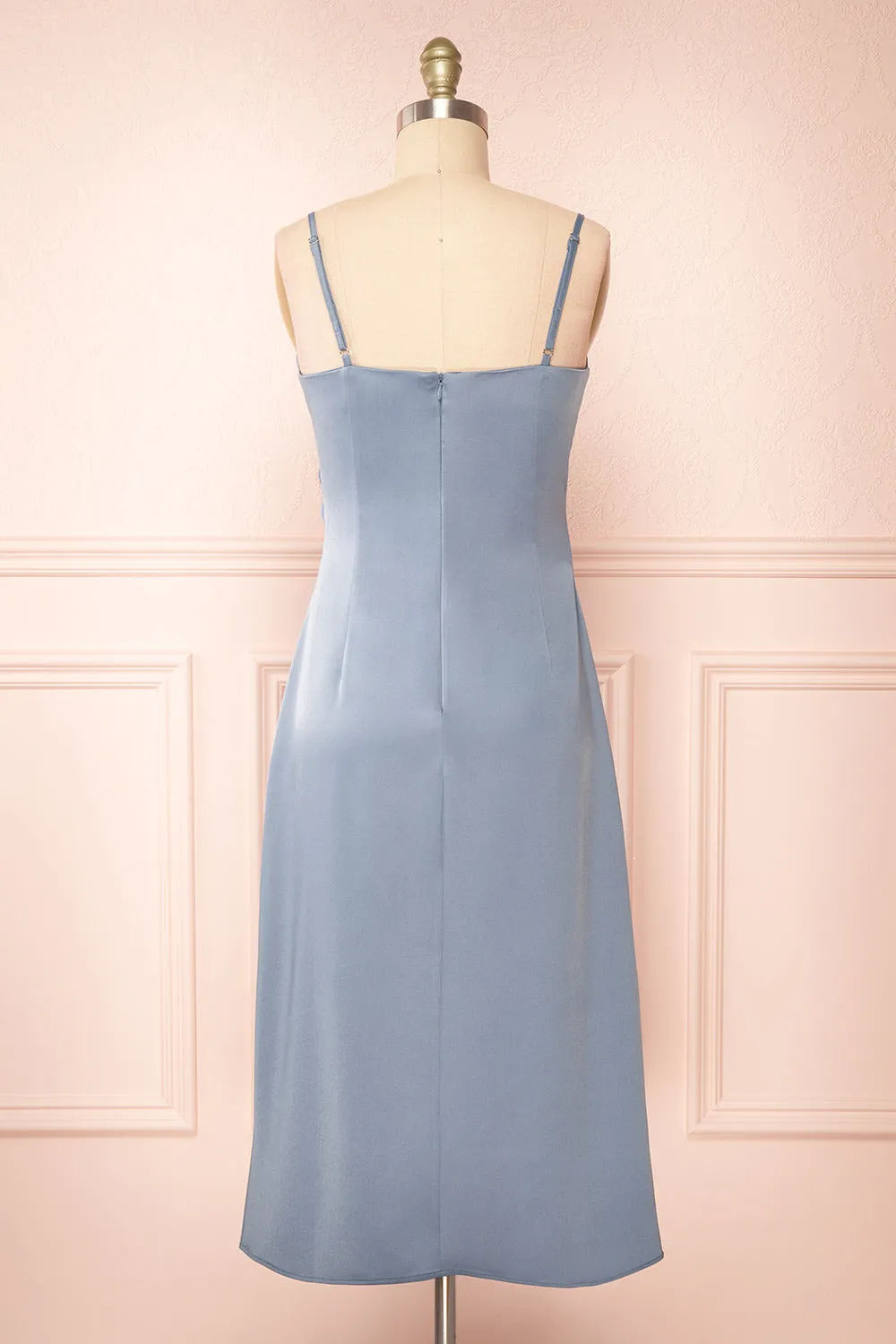 Chloe Blue Grey | Cowl Neck Satin Midi Slip Dress