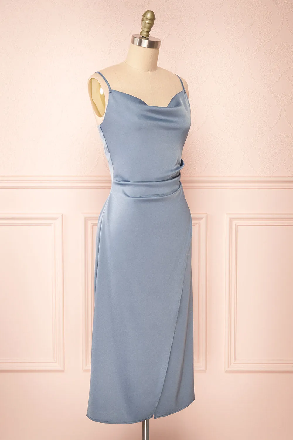 Chloe Blue Grey | Cowl Neck Satin Midi Slip Dress