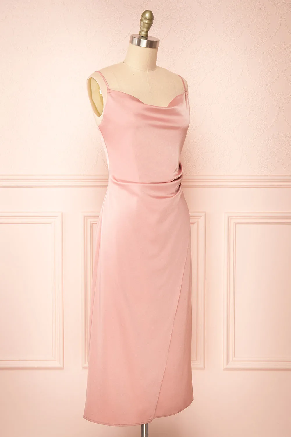 Chloe Pink | Cowl Neck Satin Midi Slip Dress