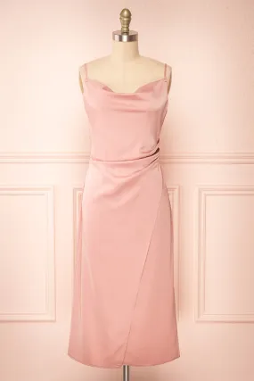 Chloe Pink | Cowl Neck Satin Midi Slip Dress