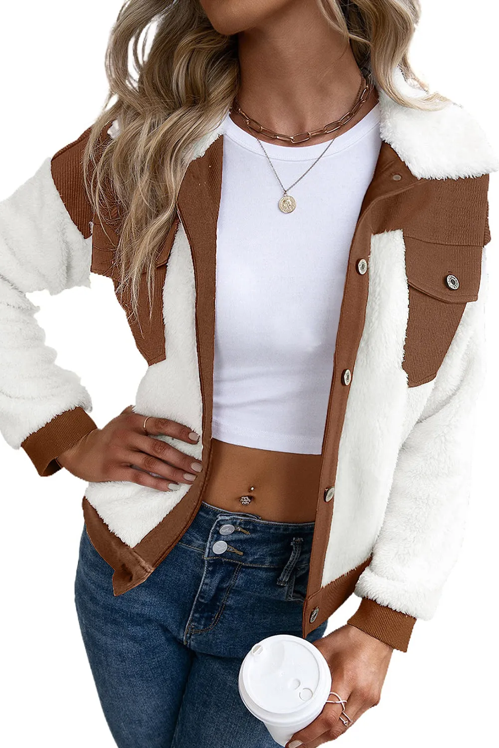 Corduroy Sherpa Patchwork Buttoned Jacket