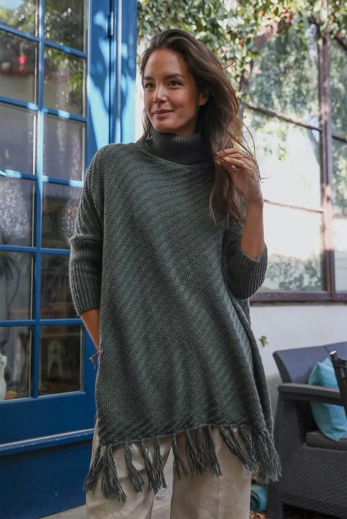 Cozy roll neck poncho sweater