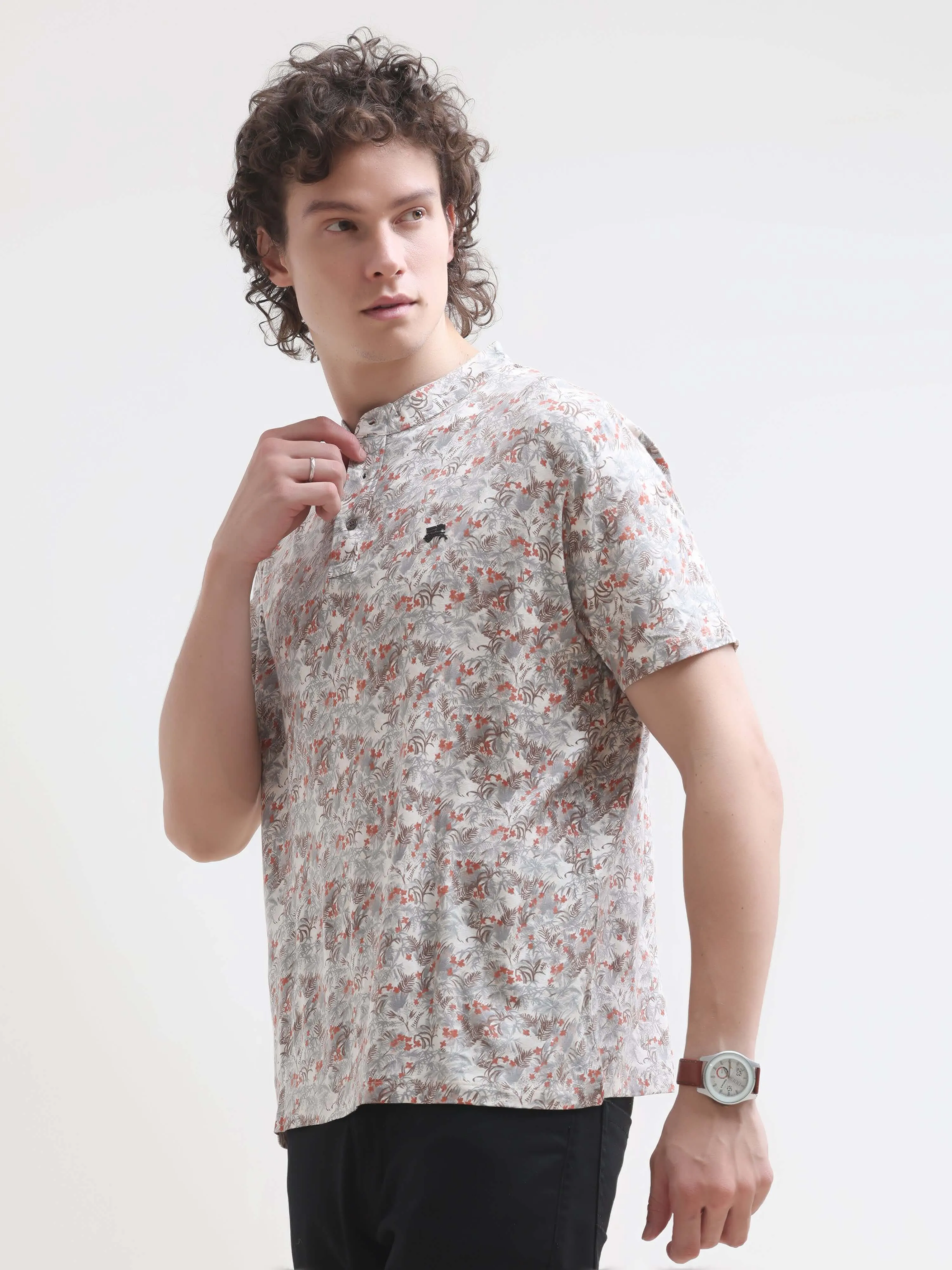 Crimson Grey Tropical Henley T-shirt