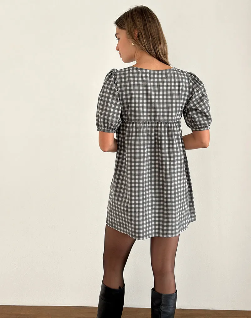 Cybera Mini Dress in Tonal Gingham Black and Grey