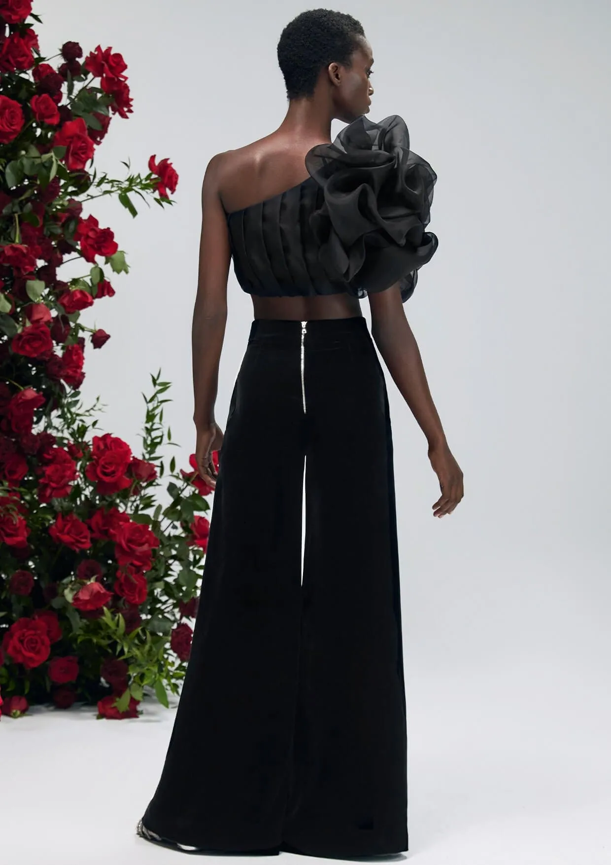 Dahlia Noir Asymmetrical Silk Organza Crop Top