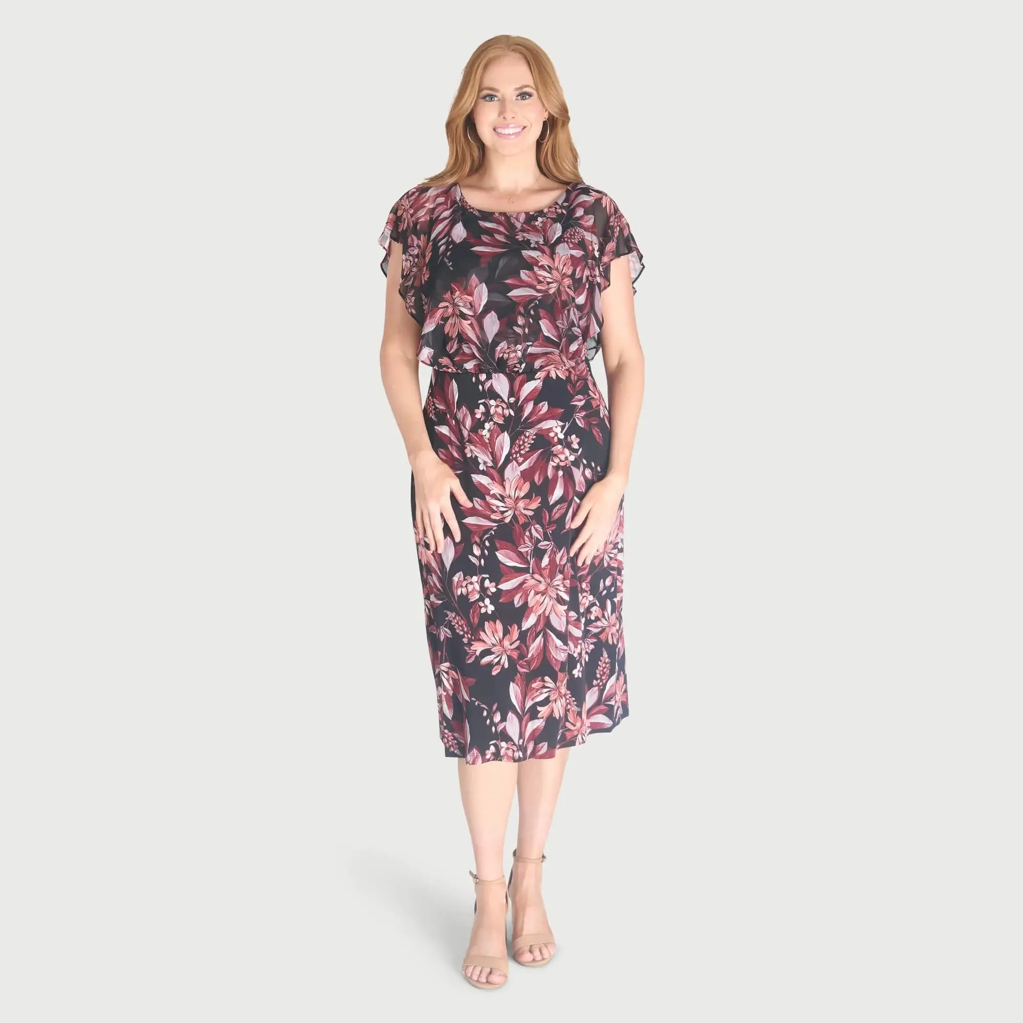 Daphne Salmon Floral Chiffon Popover Dress